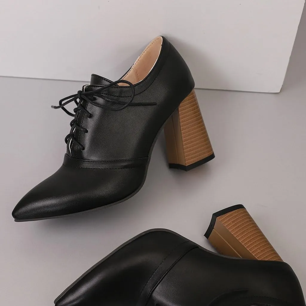 DINTAHA Womens Lace Up Oxford Heels Pointed Toe Chunky High Heeled Oxfords