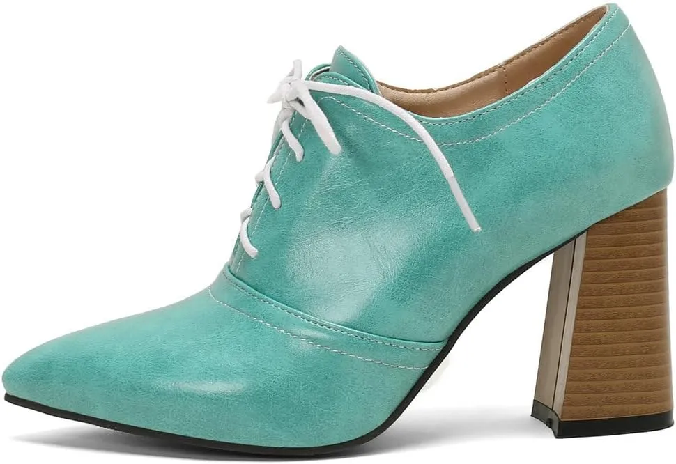DINTAHA Womens Lace Up Oxford Heels Pointed Toe Chunky High Heeled Oxfords