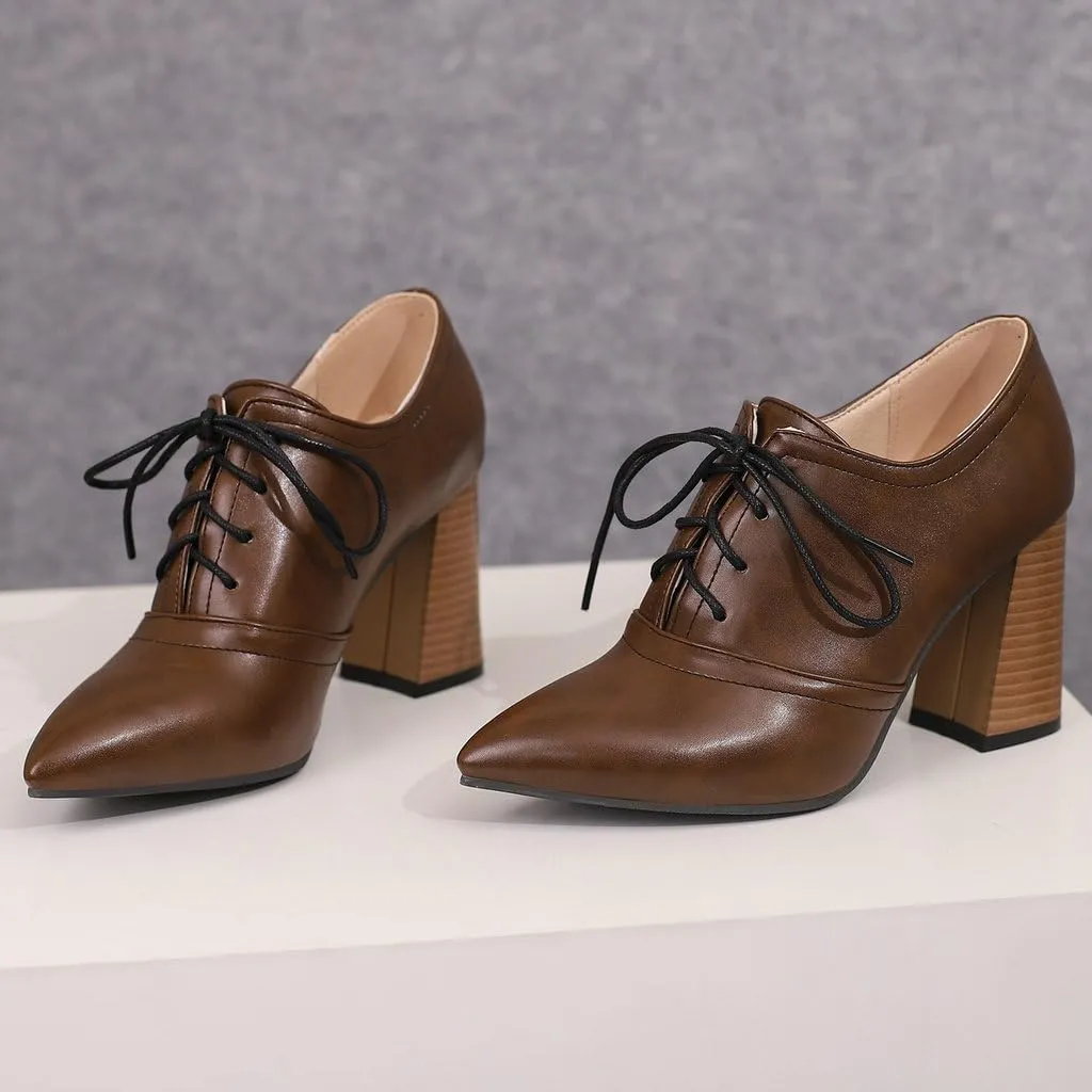 DINTAHA Womens Lace Up Oxford Heels Pointed Toe Chunky High Heeled Oxfords