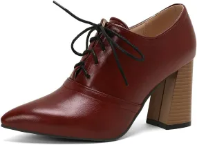 DINTAHA Womens Lace Up Oxford Heels Pointed Toe Chunky High Heeled Oxfords