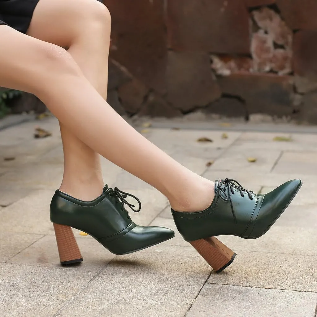 DINTAHA Womens Lace Up Oxford Heels Pointed Toe Chunky High Heeled Oxfords