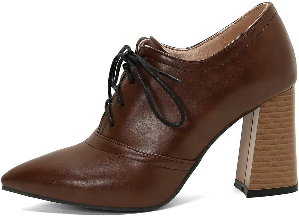 DINTAHA Womens Lace Up Oxford Heels Pointed Toe Chunky High Heeled Oxfords
