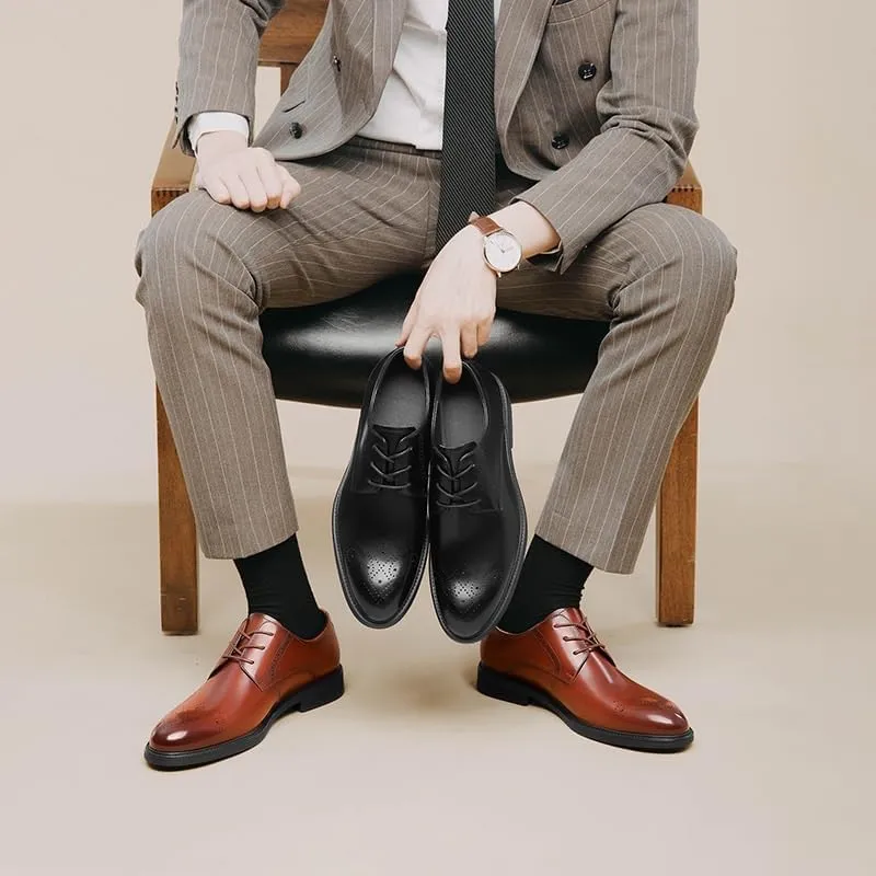 Dress Oxford for Men Lace Up Pointed Toe Leather Cap Toe New Shoes Rubber Low Top Non Slip Prom