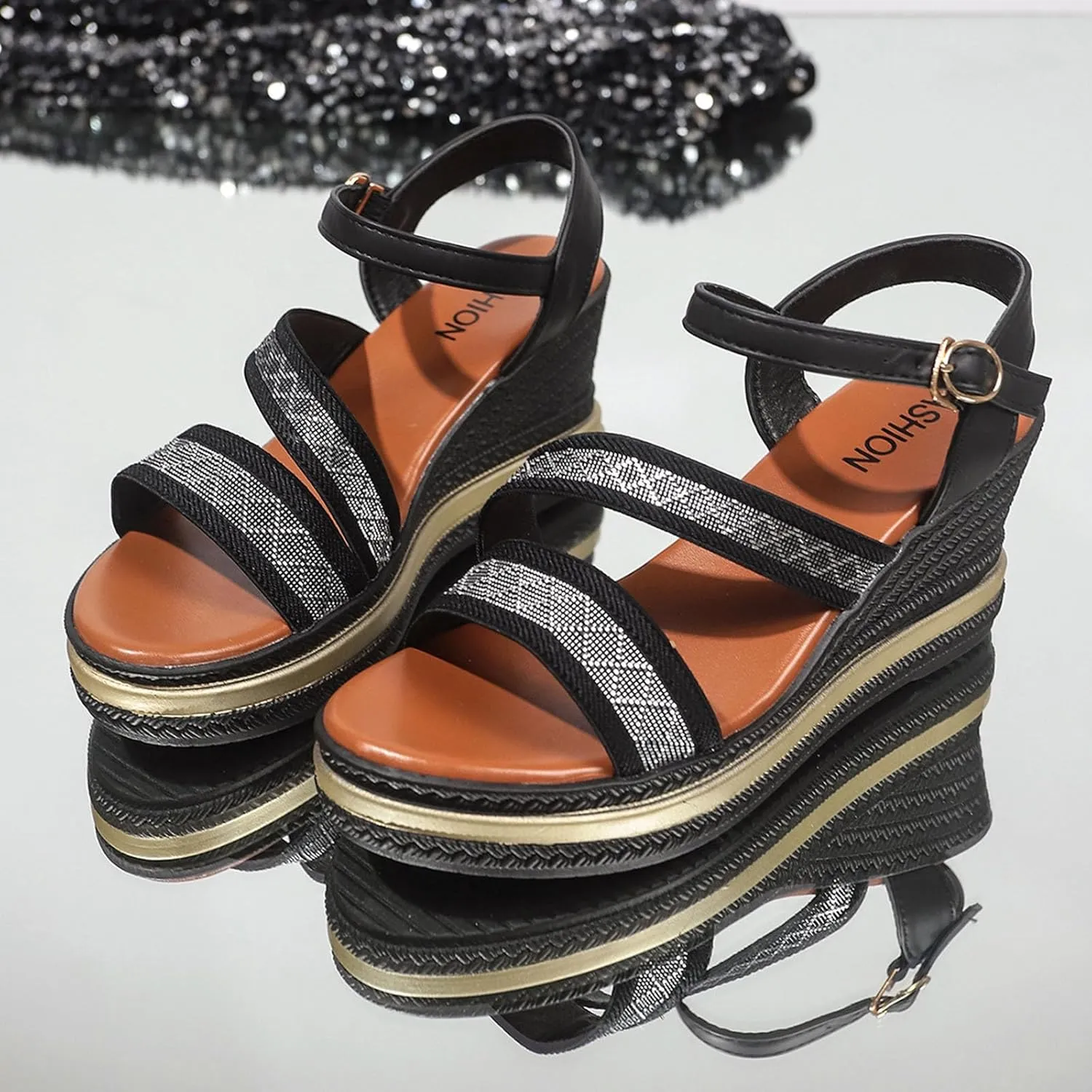 Dressy Casual Wedge Sandals for Women 2025 Trendy Rhinestones Espadrilles Shoes Chic Ankle Strap High Heels