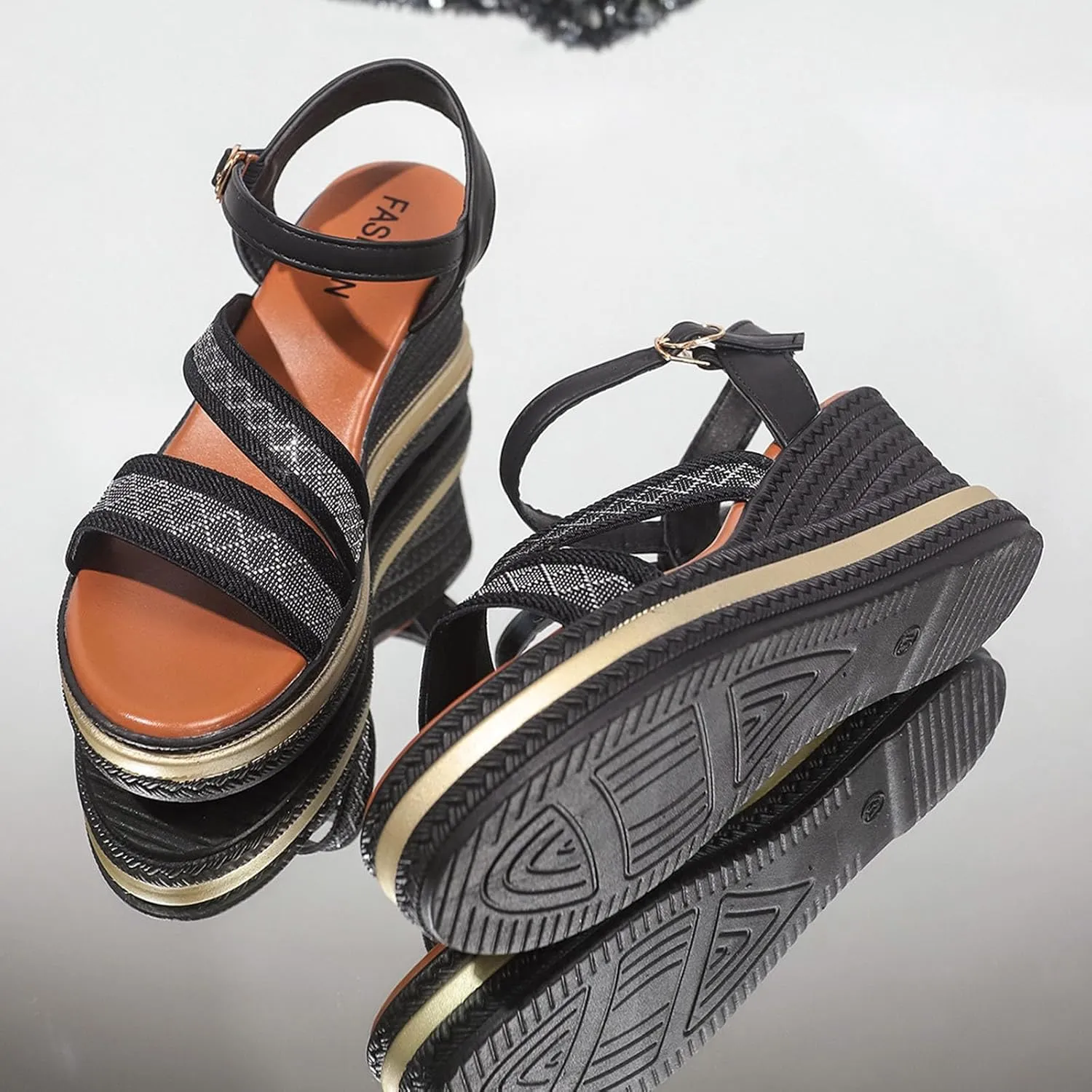 Dressy Casual Wedge Sandals for Women 2025 Trendy Rhinestones Espadrilles Shoes Chic Ankle Strap High Heels