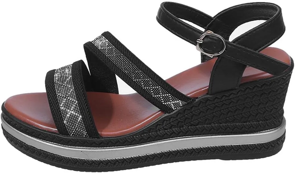 Dressy Casual Wedge Sandals for Women 2025 Trendy Rhinestones Espadrilles Shoes Chic Ankle Strap High Heels