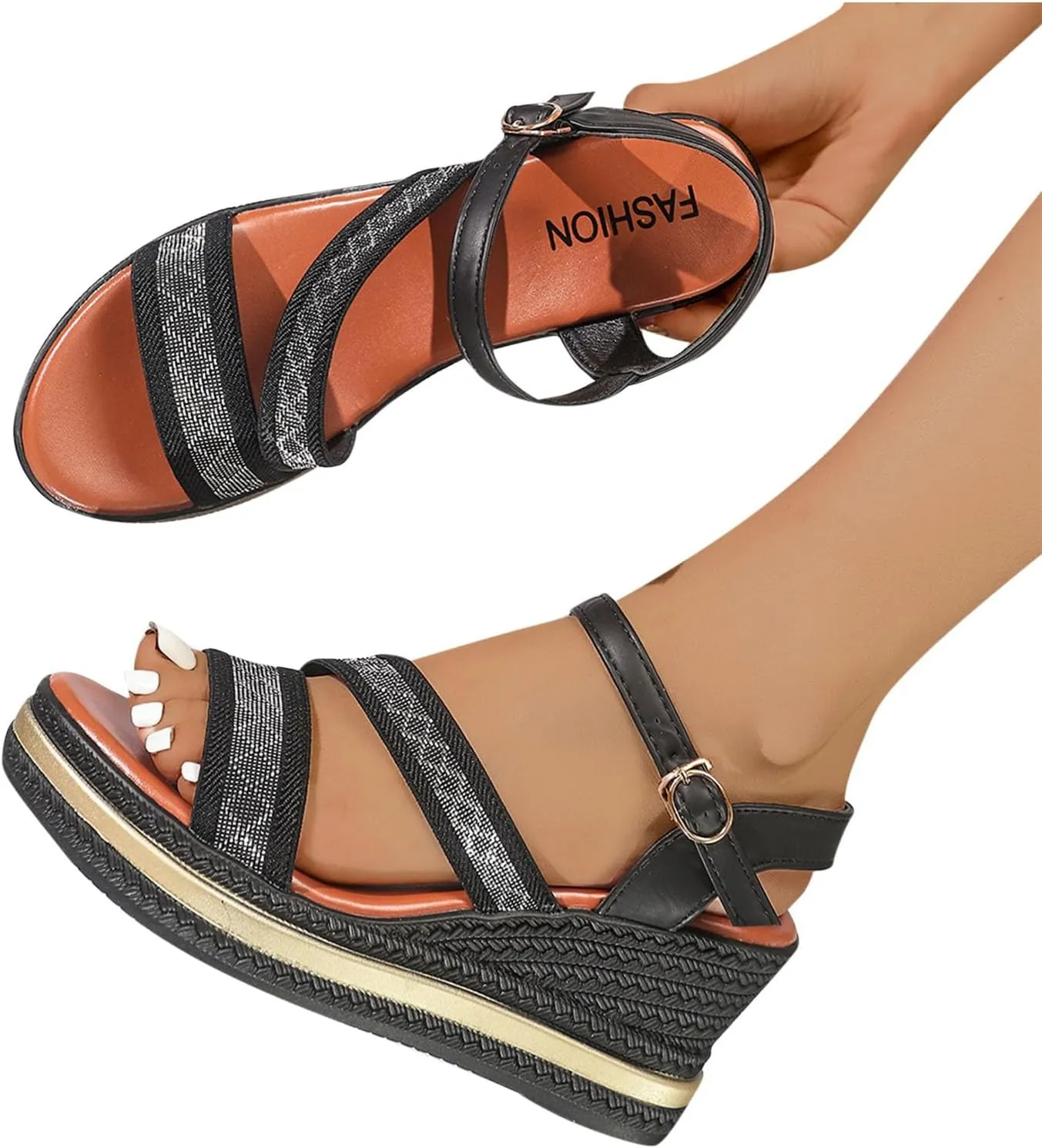 Dressy Casual Wedge Sandals for Women 2025 Trendy Rhinestones Espadrilles Shoes Chic Ankle Strap High Heels