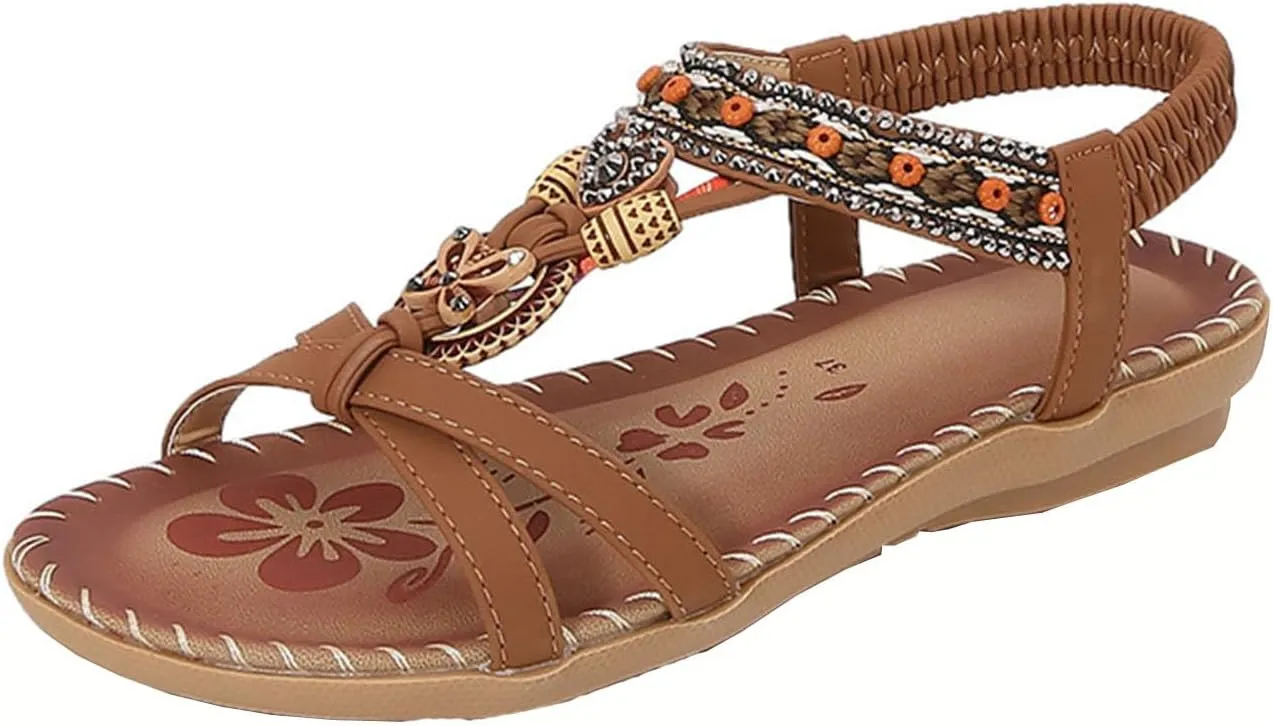 Dressy Sandals Women Summer Holiday Sandals Comfortable Shoes Boho Open Toe Ankle Elastic Sandals for Beach Walking