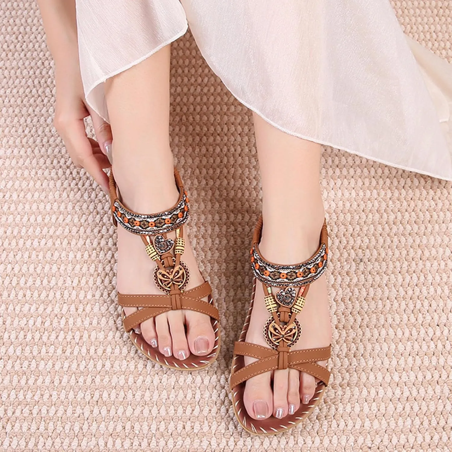 Dressy Sandals Women Summer Holiday Sandals Comfortable Shoes Boho Open Toe Ankle Elastic Sandals for Beach Walking
