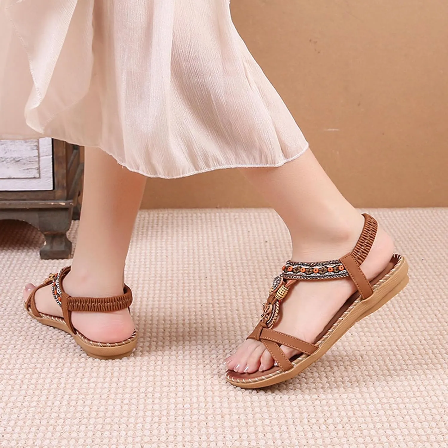 Dressy Sandals Women Summer Holiday Sandals Comfortable Shoes Boho Open Toe Ankle Elastic Sandals for Beach Walking