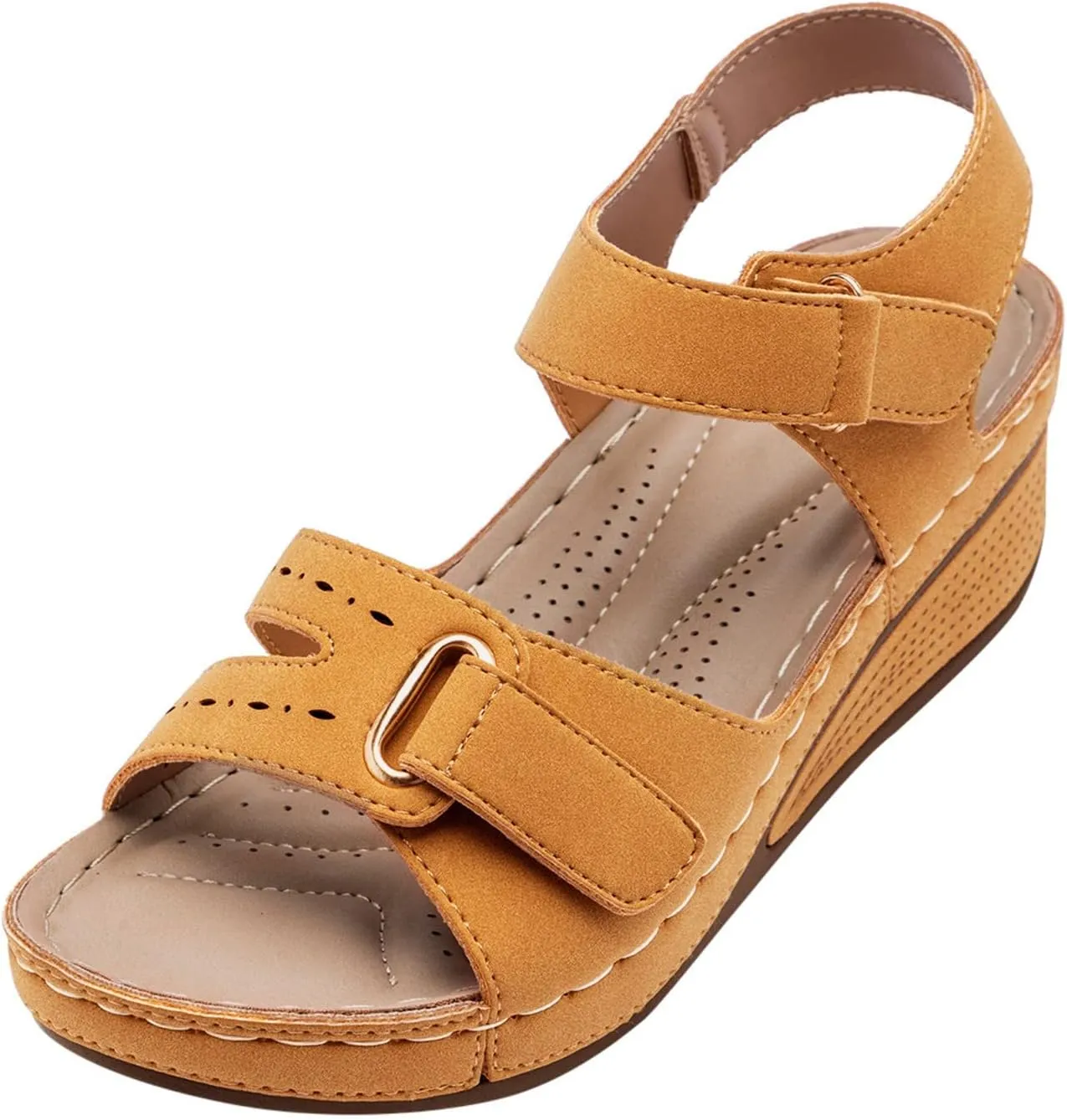Eduavar Womens Wedge Sandals, Orthopedic Sandals for Women Peep Toe Wedge Sandals Comfortable Ankle Strap Sandals