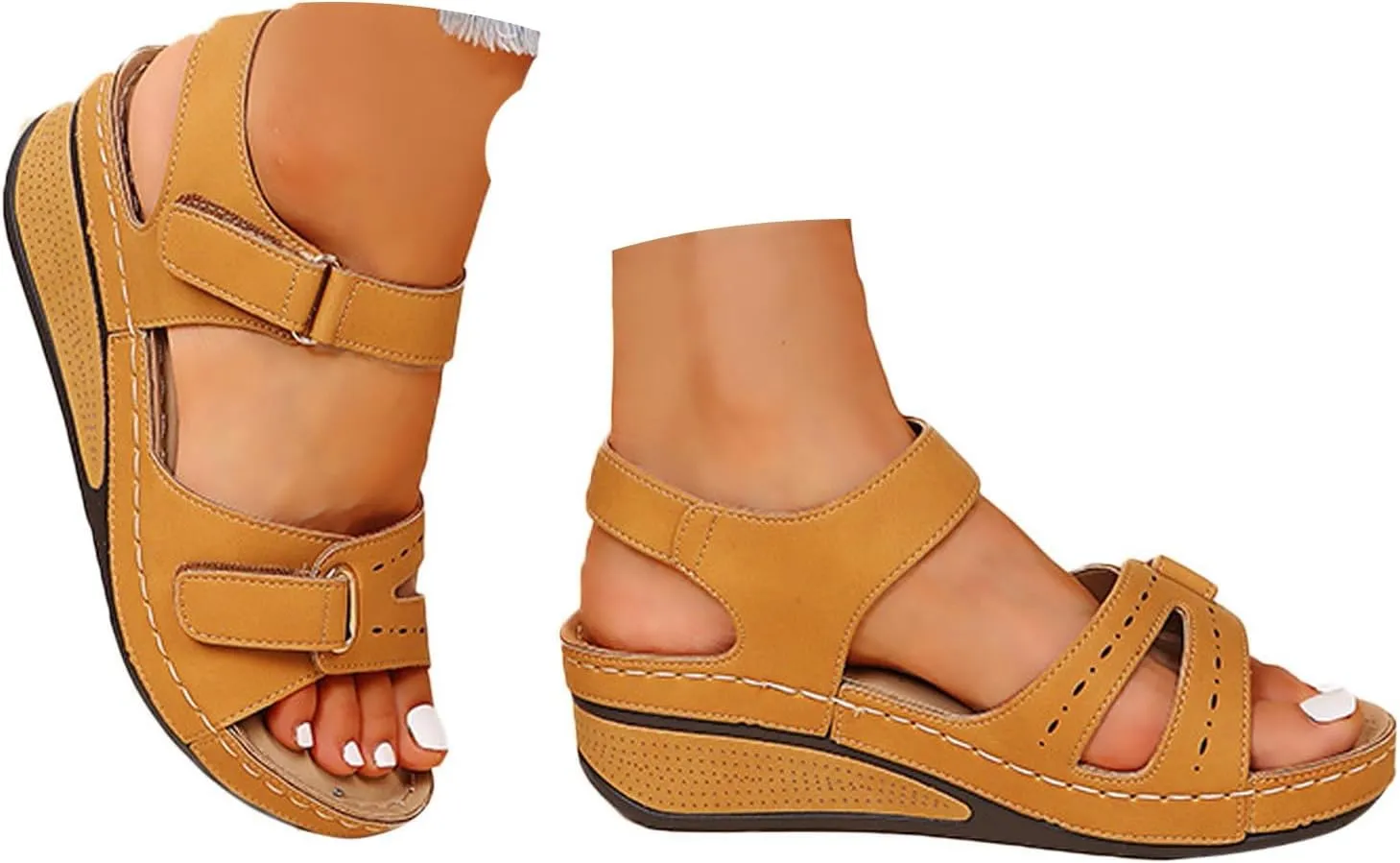 Eduavar Womens Wedge Sandals, Orthopedic Sandals for Women Peep Toe Wedge Sandals Comfortable Ankle Strap Sandals