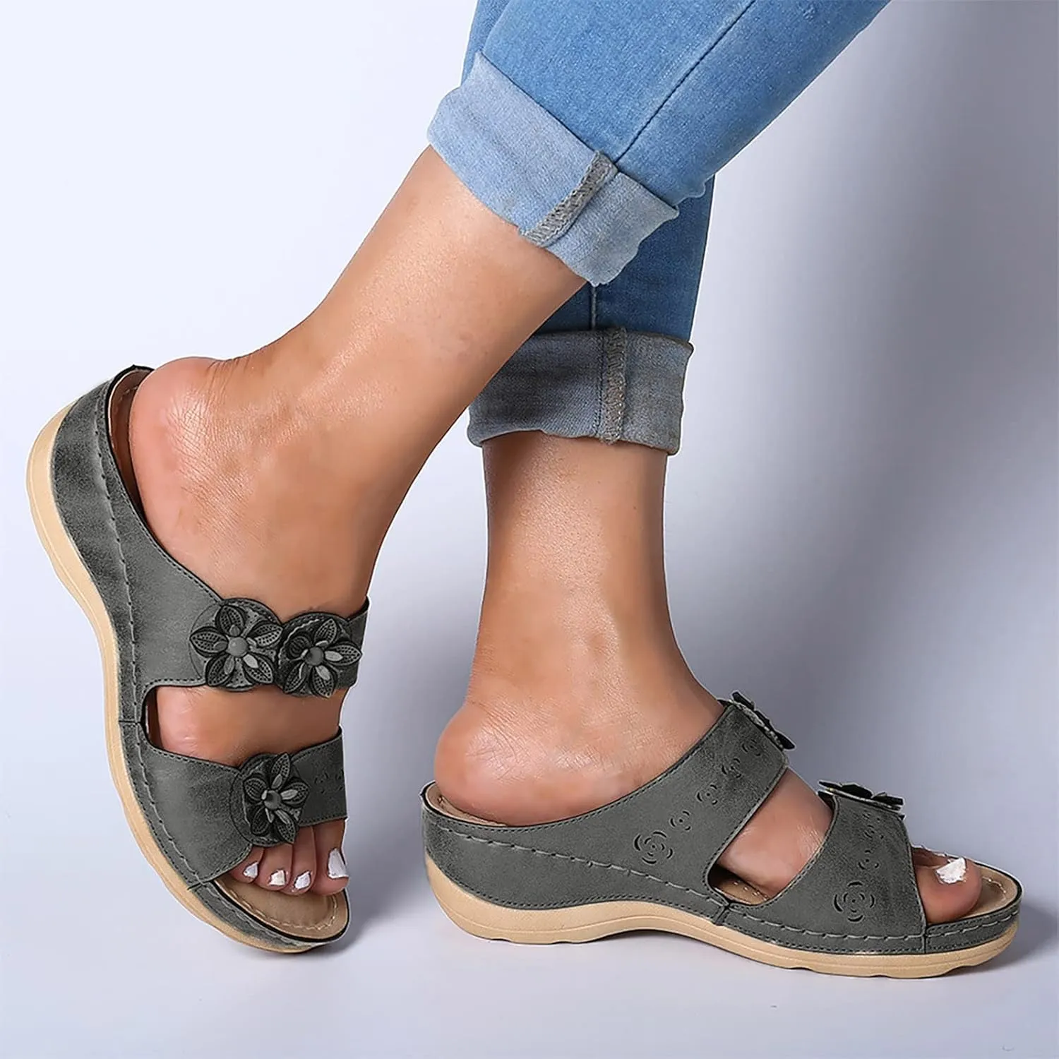 Eduavar Womens Wedge Sandals, Womens Sandals Comfortable Slip On Sandals Casual Peep Toe Sandals Walking Slippers