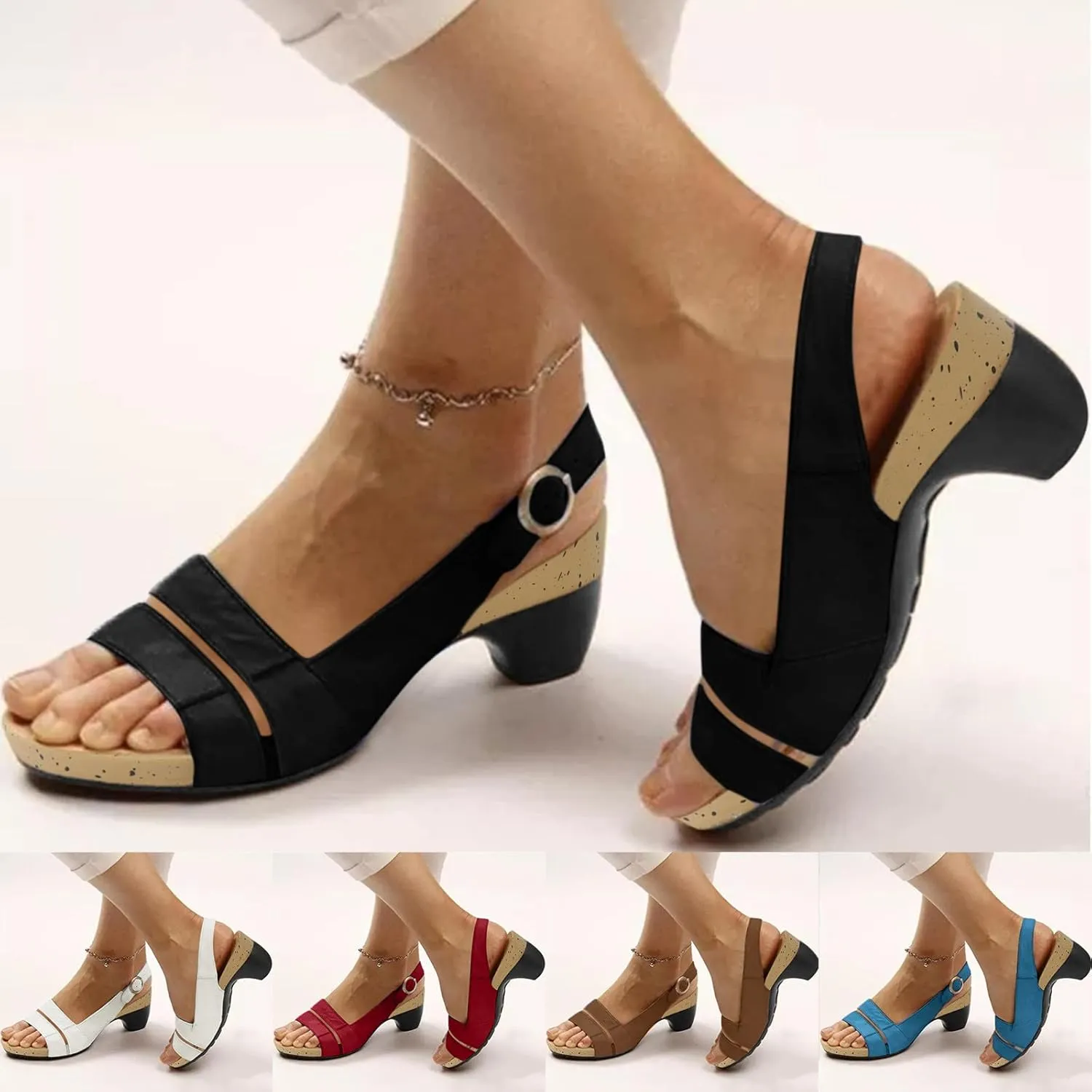 Eduavar Womens Wedge Sandals, Womens Sandals Elegant Low Heel Sandals with Ankle Strap Comfortable Peep Toe Sandals