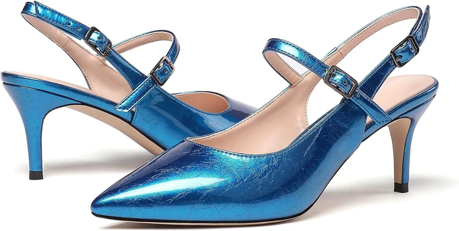 Eldof Women's Pointed Toe Slingback Heels, Low Heel Ankle Strap Chic Sandals, Classy Kitten Heel Pumps 2.5 Inch for Office Dress
