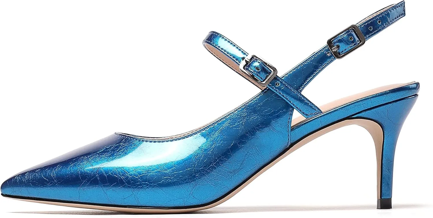 Eldof Women's Pointed Toe Slingback Heels, Low Heel Ankle Strap Chic Sandals, Classy Kitten Heel Pumps 2.5 Inch for Office Dress