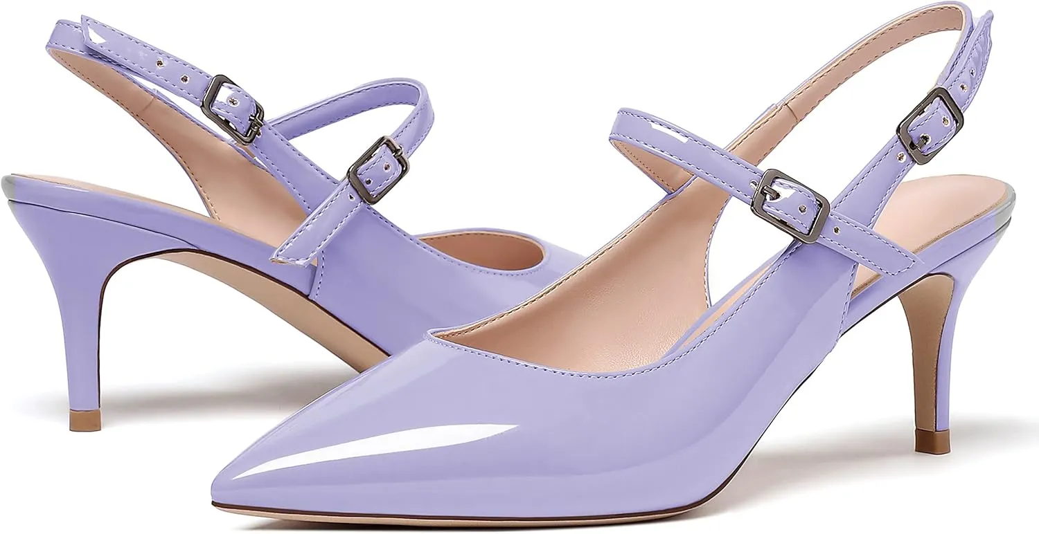 Eldof Women's Pointed Toe Slingback Pumps, Low Heel Ankle Strap Chic Sandals, Classy Kitten Heel 2.5" Heel for Office Dress