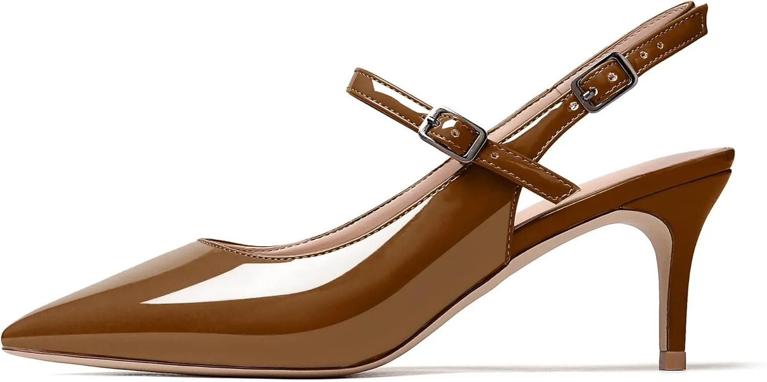Eldof Women's Pointed Toe Slingback Pumps, Low Heel Ankle Strap Chic Sandals, Classy Kitten Heel 2.5" Heel for Office Dress