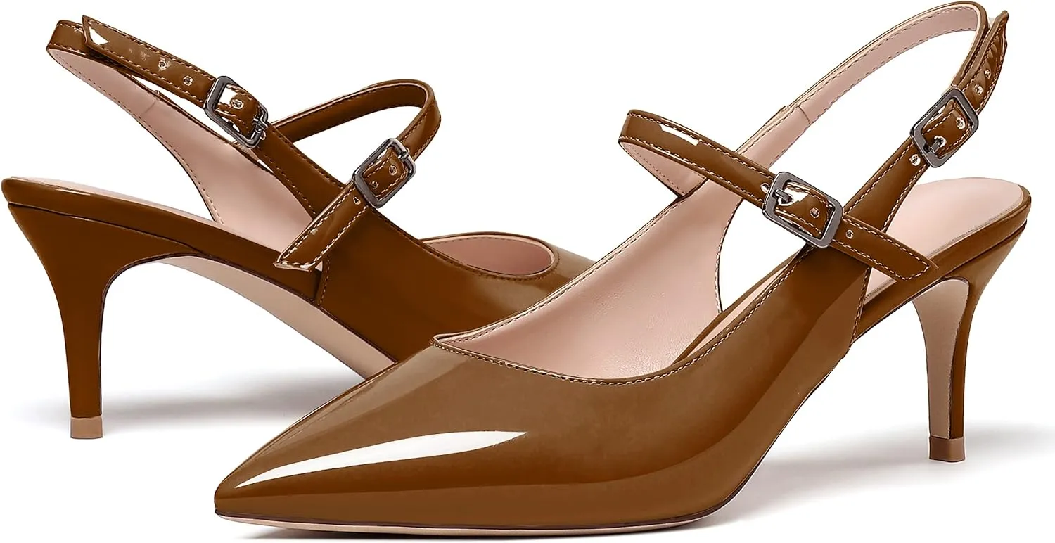 Eldof Women's Pointed Toe Slingback Pumps, Low Heel Ankle Strap Chic Sandals, Classy Kitten Heel 2.5" Heel for Office Dress