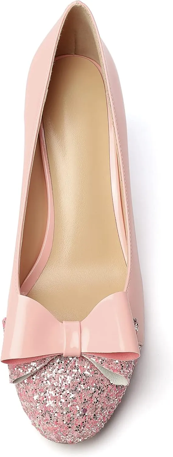 Eldof Women's Round Toe Pumps Slip On Heels with Bowknots Comfort Chic Cute Heeled Shoes for Party Evening Dress