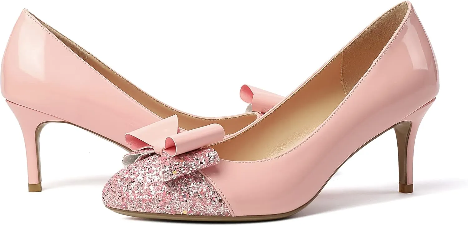 Eldof Women's Round Toe Pumps Slip On Heels with Bowknots Comfort Chic Cute Heeled Shoes for Party Evening Dress