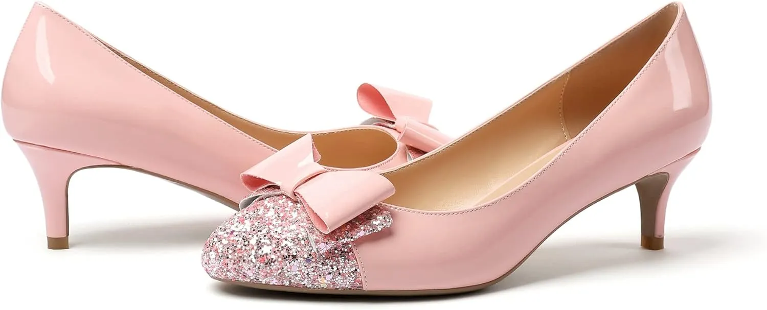 Eldof Women's Round Toe Pumps Slip On Heels with Bowknots Comfort Chic Cute Heeled Shoes for Party Evening Dress