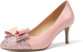 Eldof Women's Round Toe Pumps Slip On Heels with Bowknots Comfort Chic Cute Heeled Shoes for Party Evening Dress