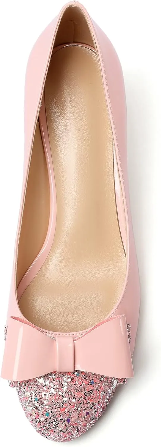 Eldof Women's Round Toe Pumps Slip On Heels with Bowknots Comfort Chic Cute Heeled Shoes for Party Evening Dress