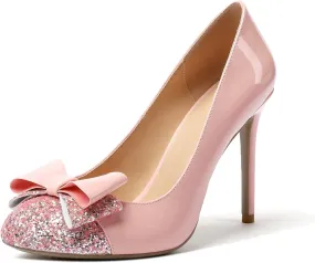 Eldof Women's Round Toe Pumps Slip On Heels with Bowknots Comfort Chic Cute Heeled Shoes for Party Evening Dress