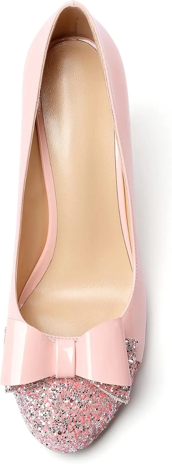 Eldof Women's Round Toe Pumps Slip On Heels with Bowknots Comfort Chic Cute Heeled Shoes for Party Evening Dress