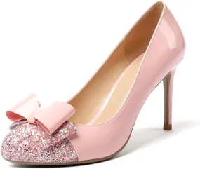 Eldof Women's Round Toe Pumps Slip On Heels with Bowknots Comfort Chic Cute Heeled Shoes for Party Evening Dress