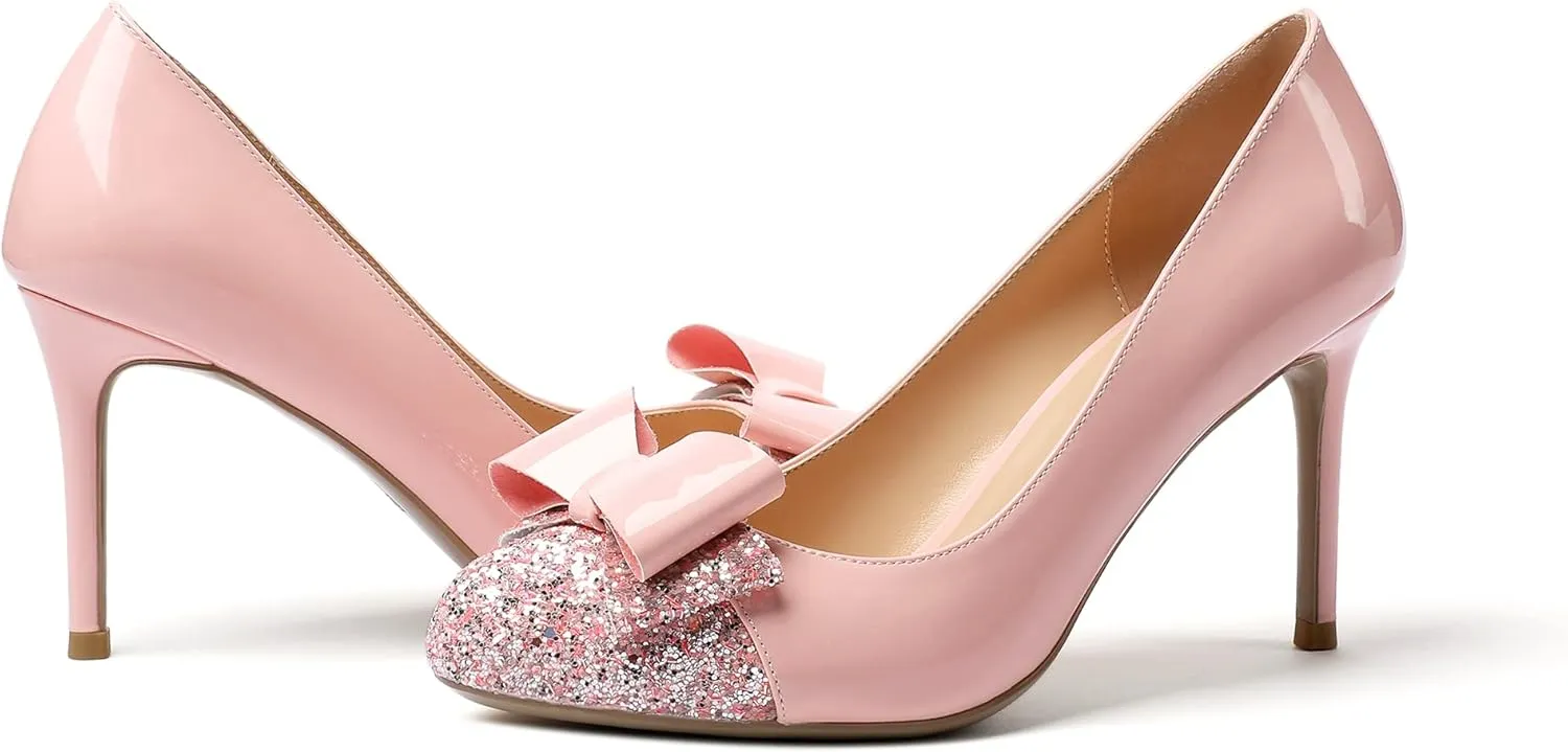 Eldof Women's Round Toe Pumps Slip On Heels with Bowknots Comfort Chic Cute Heeled Shoes for Party Evening Dress