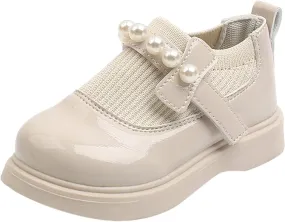 EnJoCho Tennis Shoes for Kids Girls Toddler Little Kid Big Kid Dress Flat Ballerina Shoe Leather Shoes Comfort Dress (Beige, 27)