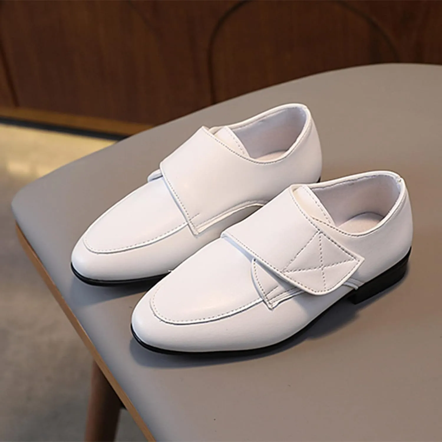Fashion Children Boys Leather Shoes Pointed Low Heel Solid Color Hook Loop Slip On Big Girls Winter Boots Size 1