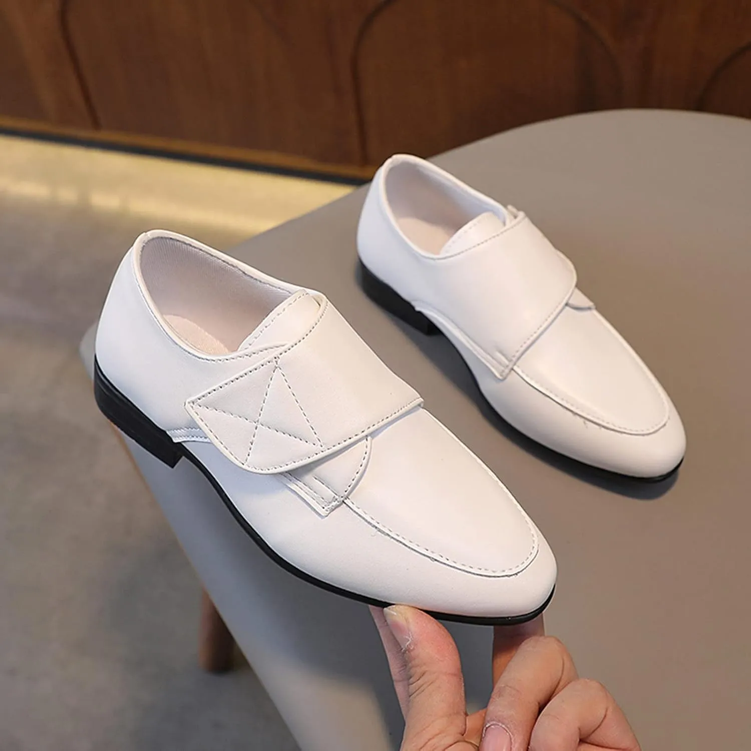 Fashion Children Boys Leather Shoes Pointed Low Heel Solid Color Hook Loop Slip On Big Girls Winter Boots Size 1