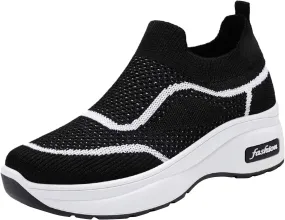Fashion Spring and Summer Women Sports Shoes Thick Sole Middle Heel Slip Mesh Breathable Colorblock Casual Walling Shoes