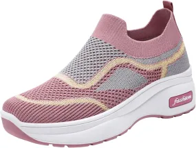 Fashion Spring and Summer Women Sports Shoes Thick Sole Middle Heel Slip Mesh Breathable Colorblock Casual Walling Shoes