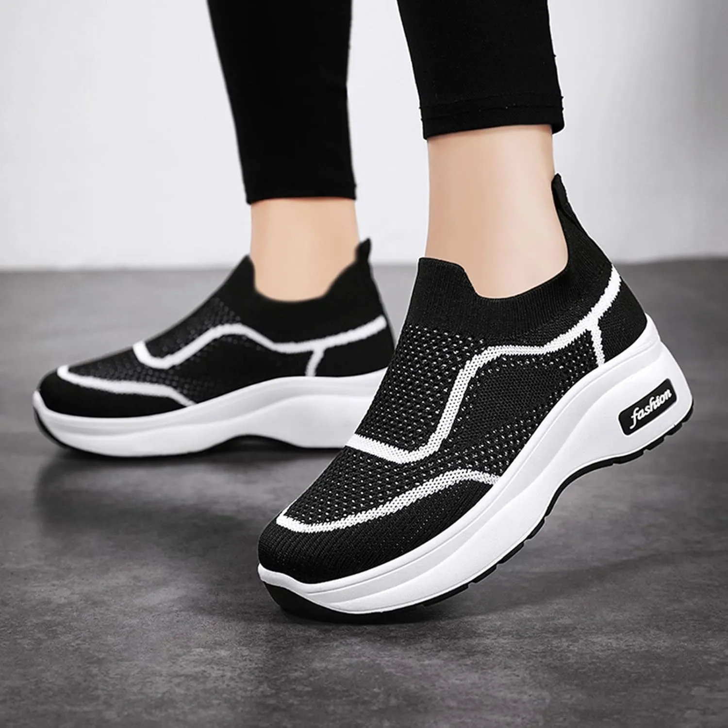 Fashion Spring and Summer Women Sports Shoes Thick Sole Middle Heel Slip Mesh Breathable Colorblock Casual Walling Shoes