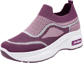 Fashion Spring and Summer Women Sports Shoes Thick Sole Middle Heel Slip Mesh Breathable Colorblock Casual Walling Shoes
