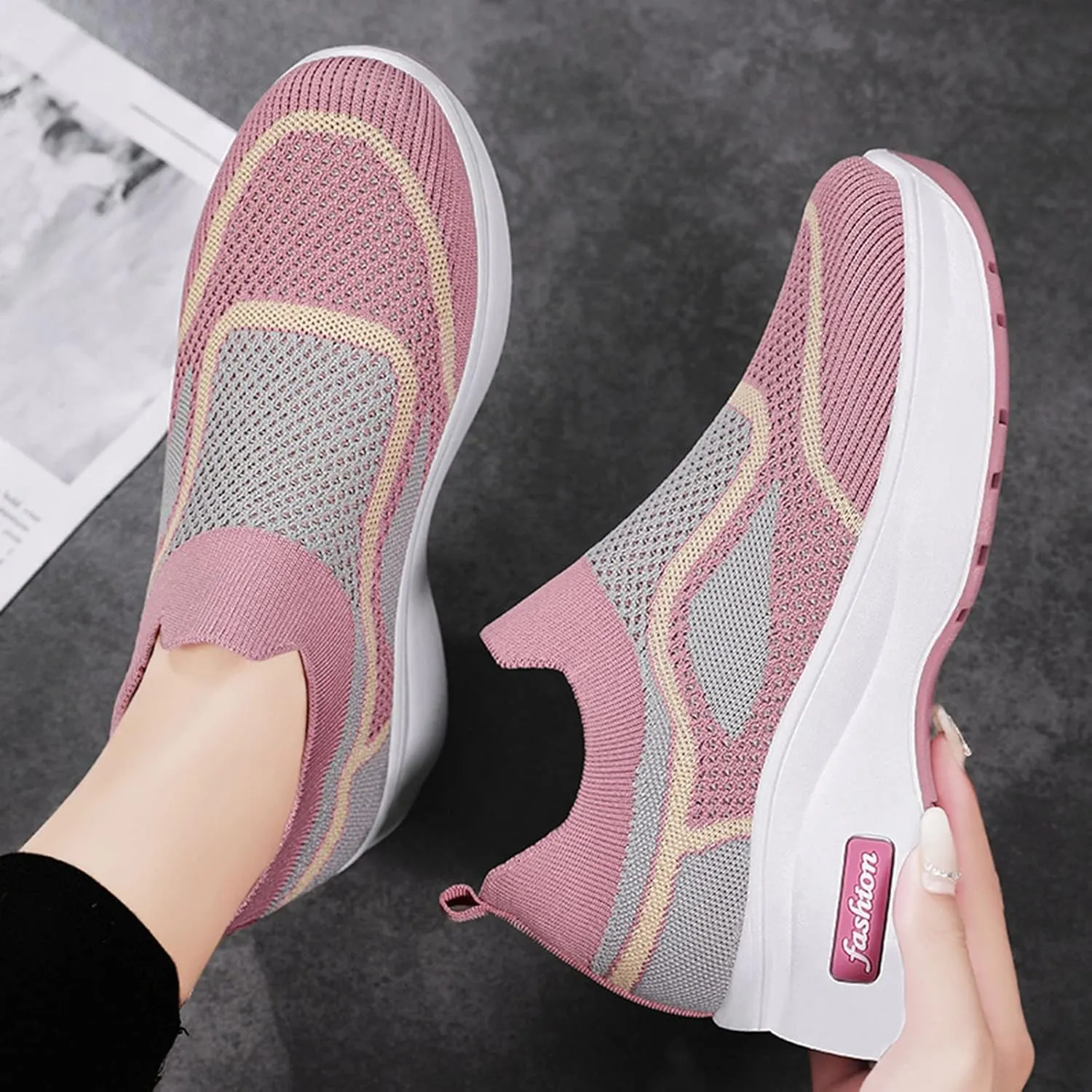 Fashion Spring and Summer Women Sports Shoes Thick Sole Middle Heel Slip Mesh Breathable Colorblock Casual Walling Shoes