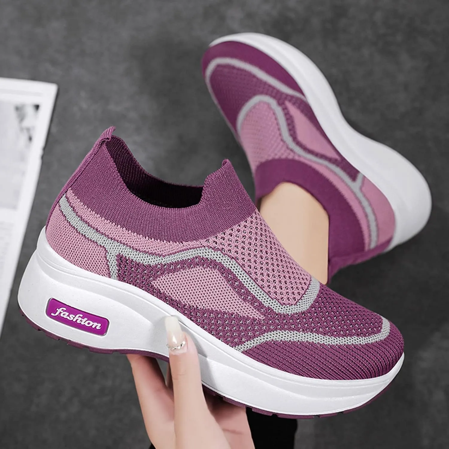 Fashion Spring and Summer Women Sports Shoes Thick Sole Middle Heel Slip Mesh Breathable Colorblock Casual Walling Shoes