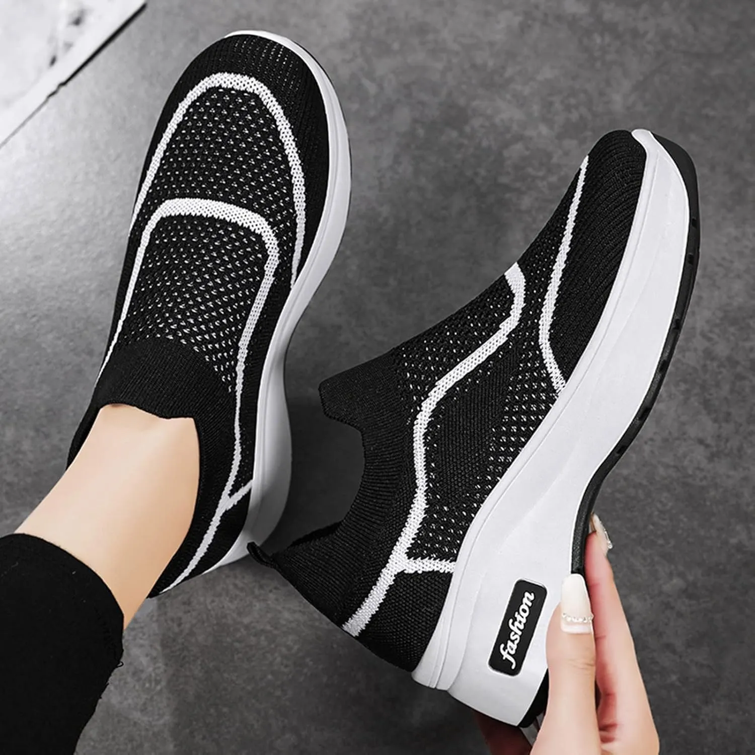 Fashion Spring and Summer Women Sports Shoes Thick Sole Middle Heel Slip Mesh Breathable Colorblock Casual Walling Shoes