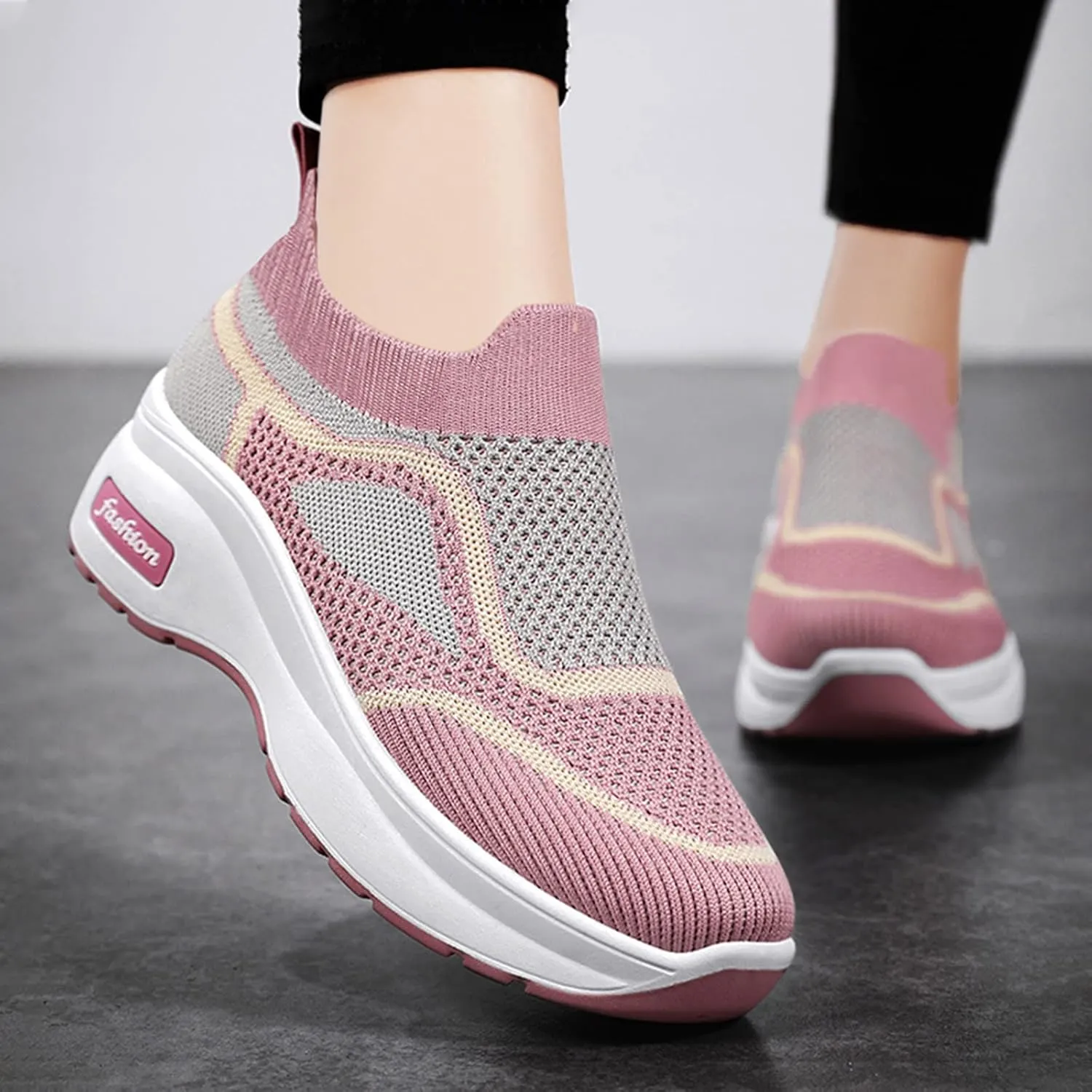 Fashion Spring and Summer Women Sports Shoes Thick Sole Middle Heel Slip Mesh Breathable Colorblock Casual Walling Shoes