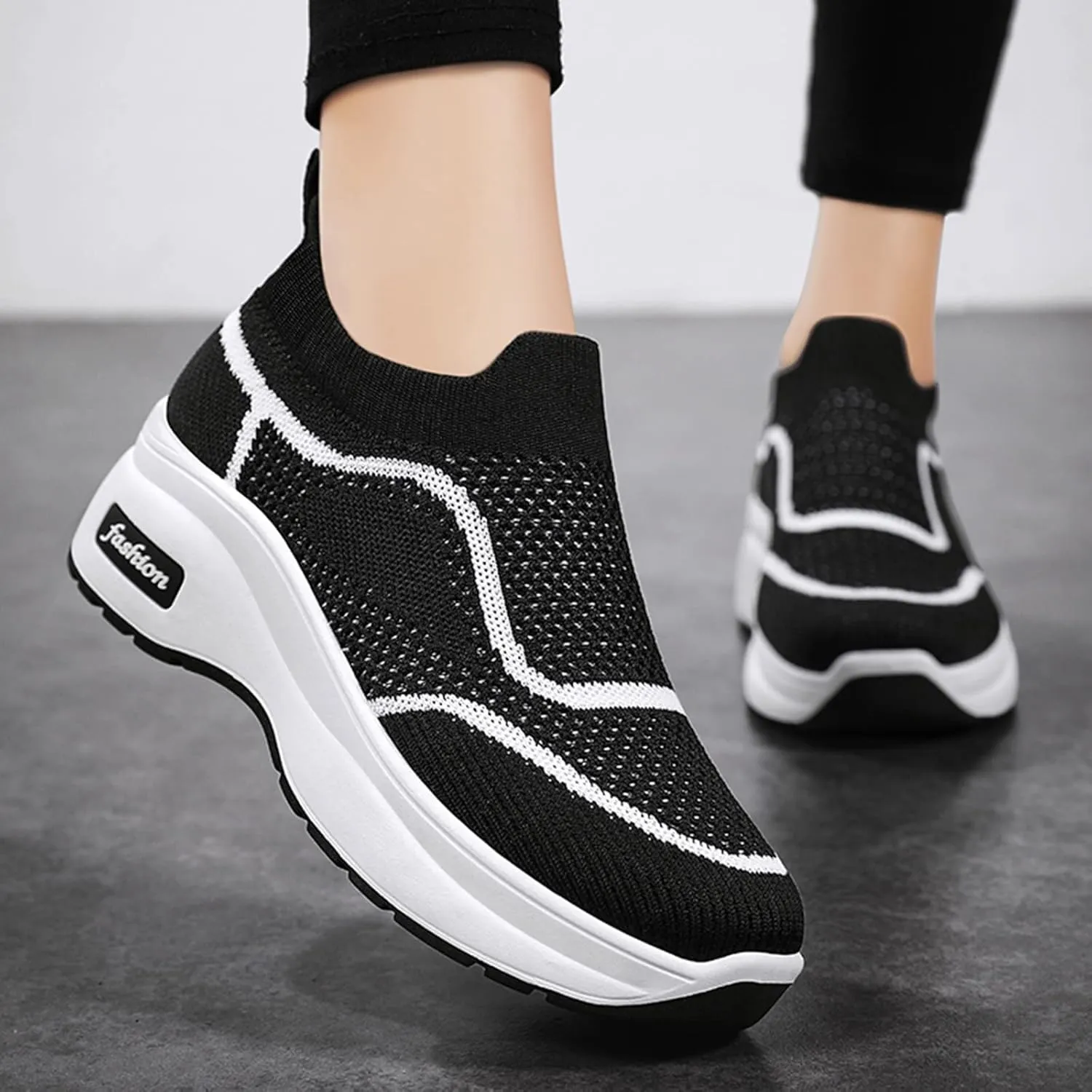 Fashion Spring and Summer Women Sports Shoes Thick Sole Middle Heel Slip Mesh Breathable Colorblock Casual Walling Shoes