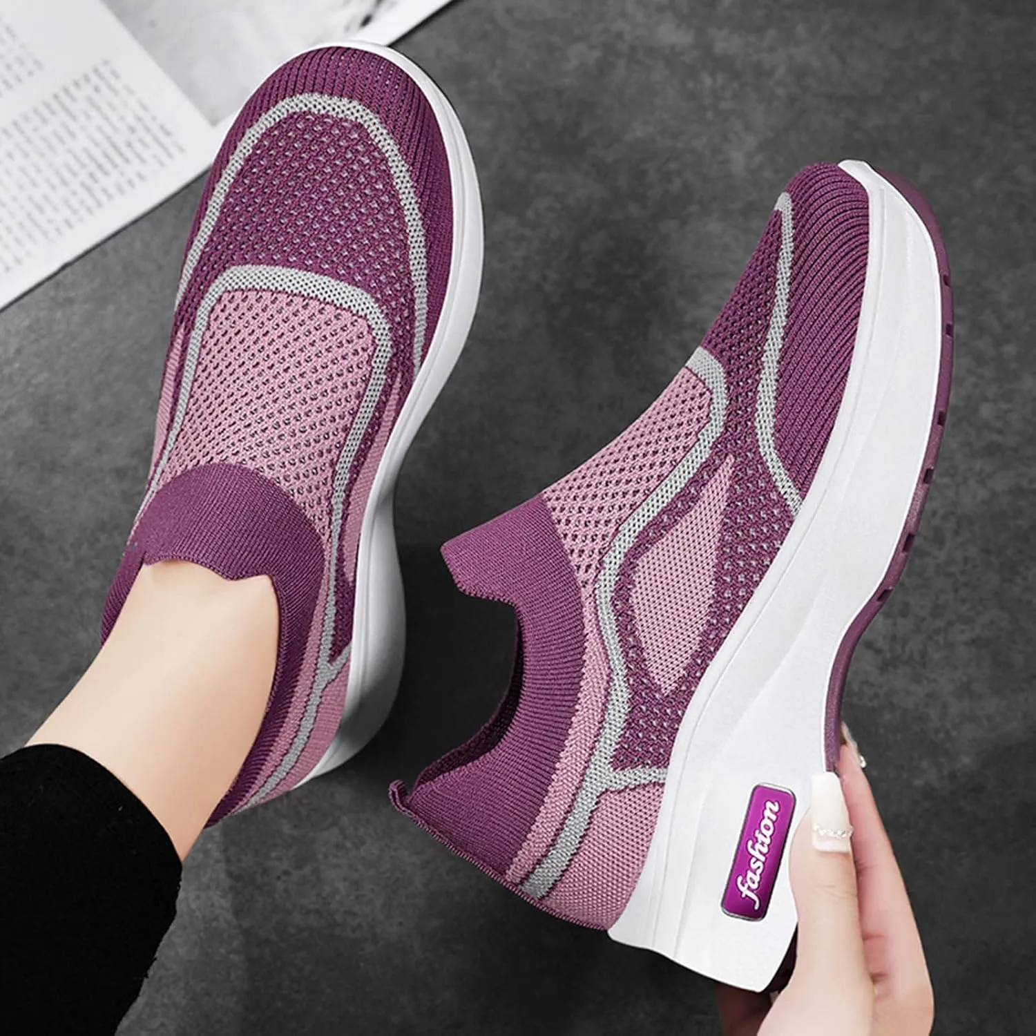 Fashion Spring and Summer Women Sports Shoes Thick Sole Middle Heel Slip Mesh Breathable Colorblock Casual Walling Shoes