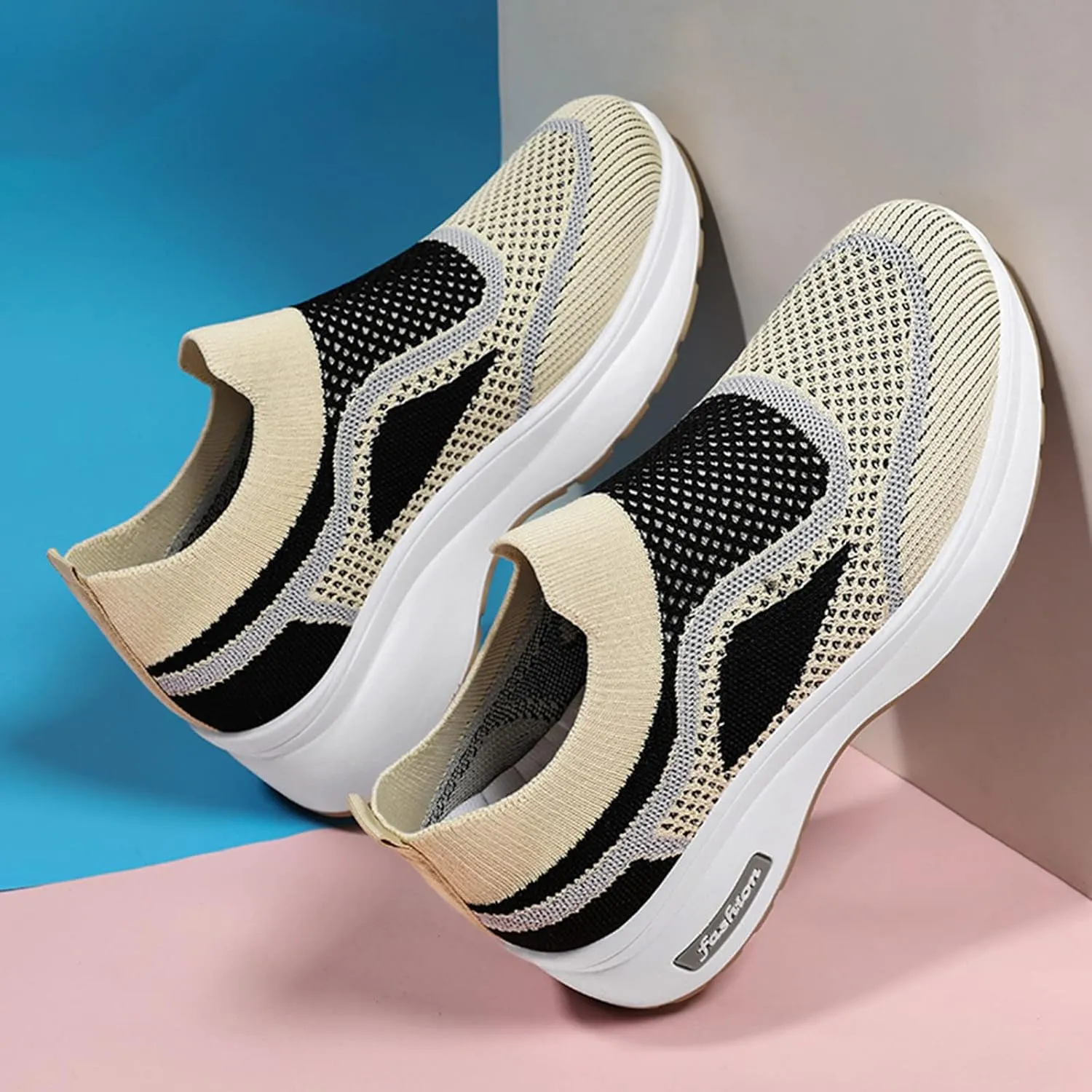 Fashion Spring and Summer Women Sports Shoes Thick Sole Middle Heel Slip Mesh Breathable Colorblock Casual Walling Shoes