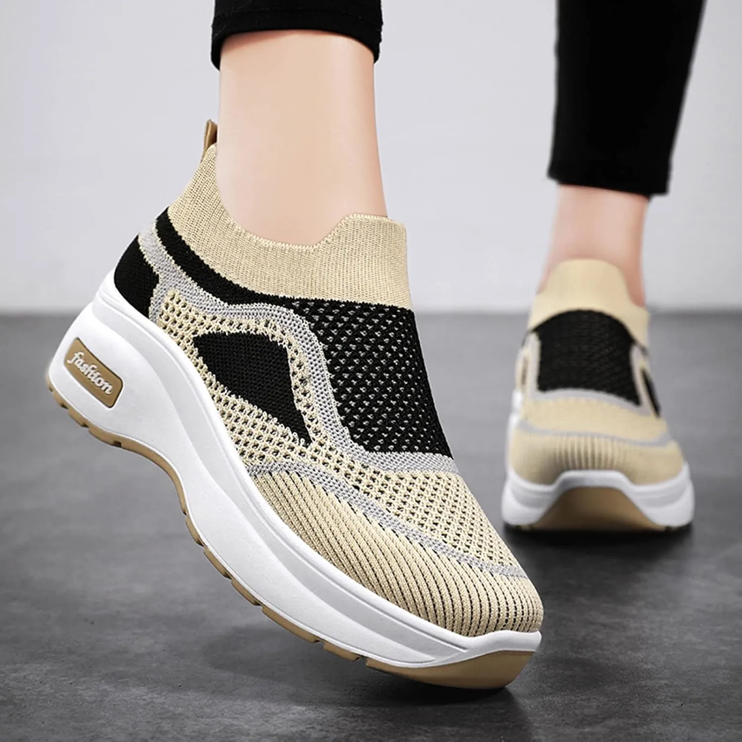 Fashion Spring and Summer Women Sports Shoes Thick Sole Middle Heel Slip Mesh Breathable Colorblock Casual Walling Shoes