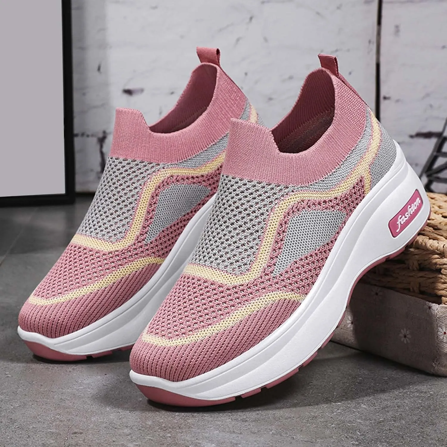 Fashion Spring and Summer Women Sports Shoes Thick Sole Middle Heel Slip Mesh Breathable Colorblock Casual Walling Shoes