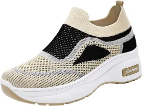 Fashion Spring and Summer Women Sports Shoes Thick Sole Middle Heel Slip Mesh Breathable Colorblock Casual Walling Shoes