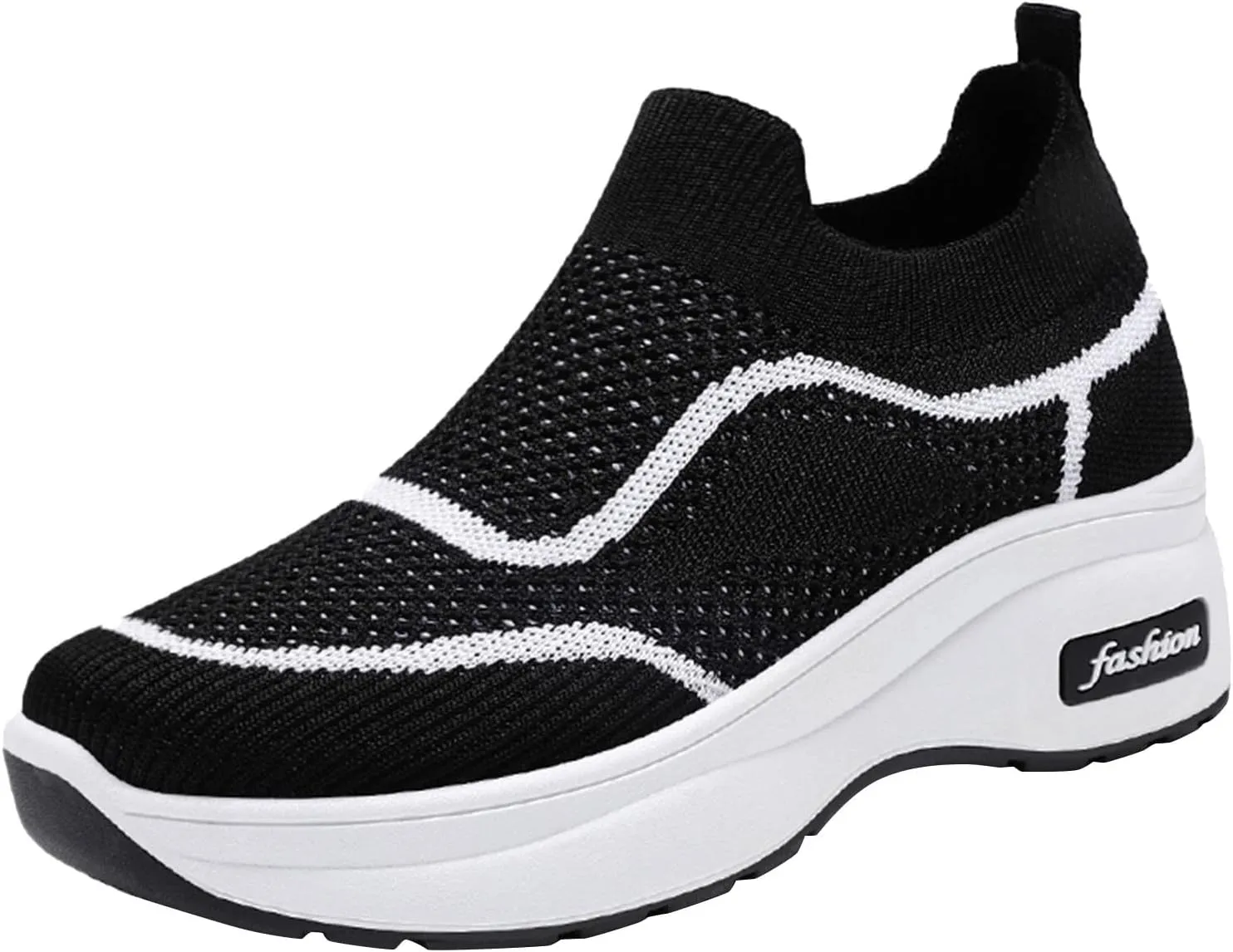 Fashion Spring and Summer Women Sports Shoes Thick Sole Middle Heel Slip Mesh Breathable Colorblock Casual Walling Shoes
